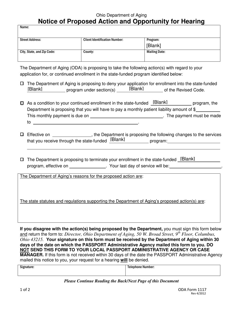 ODA Form 1117 Notice of Proposed Action and Opportunity for Hearing - Ohio, Page 1
