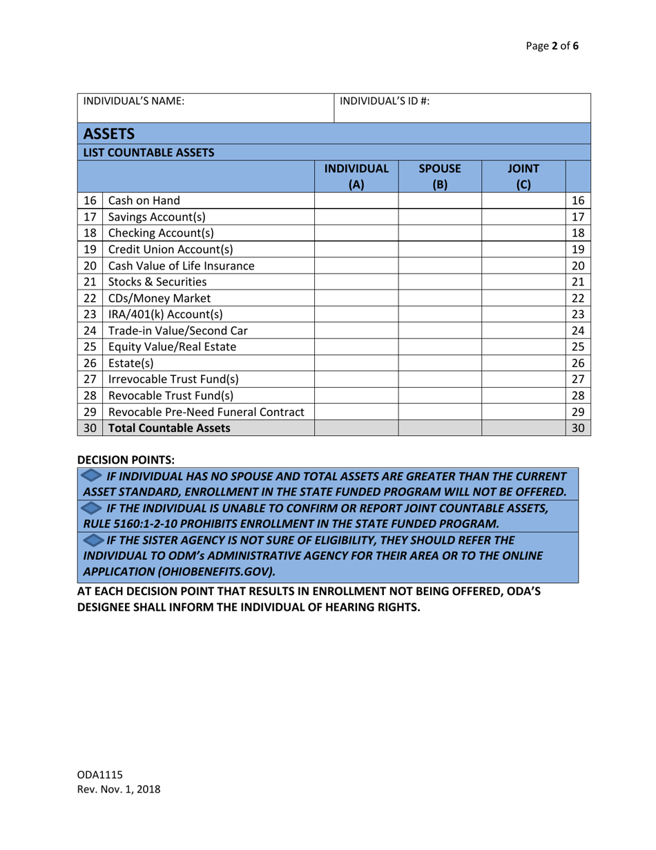 Form ODA1115 Financial Assessment Worksheet - Ohio, Page 2
