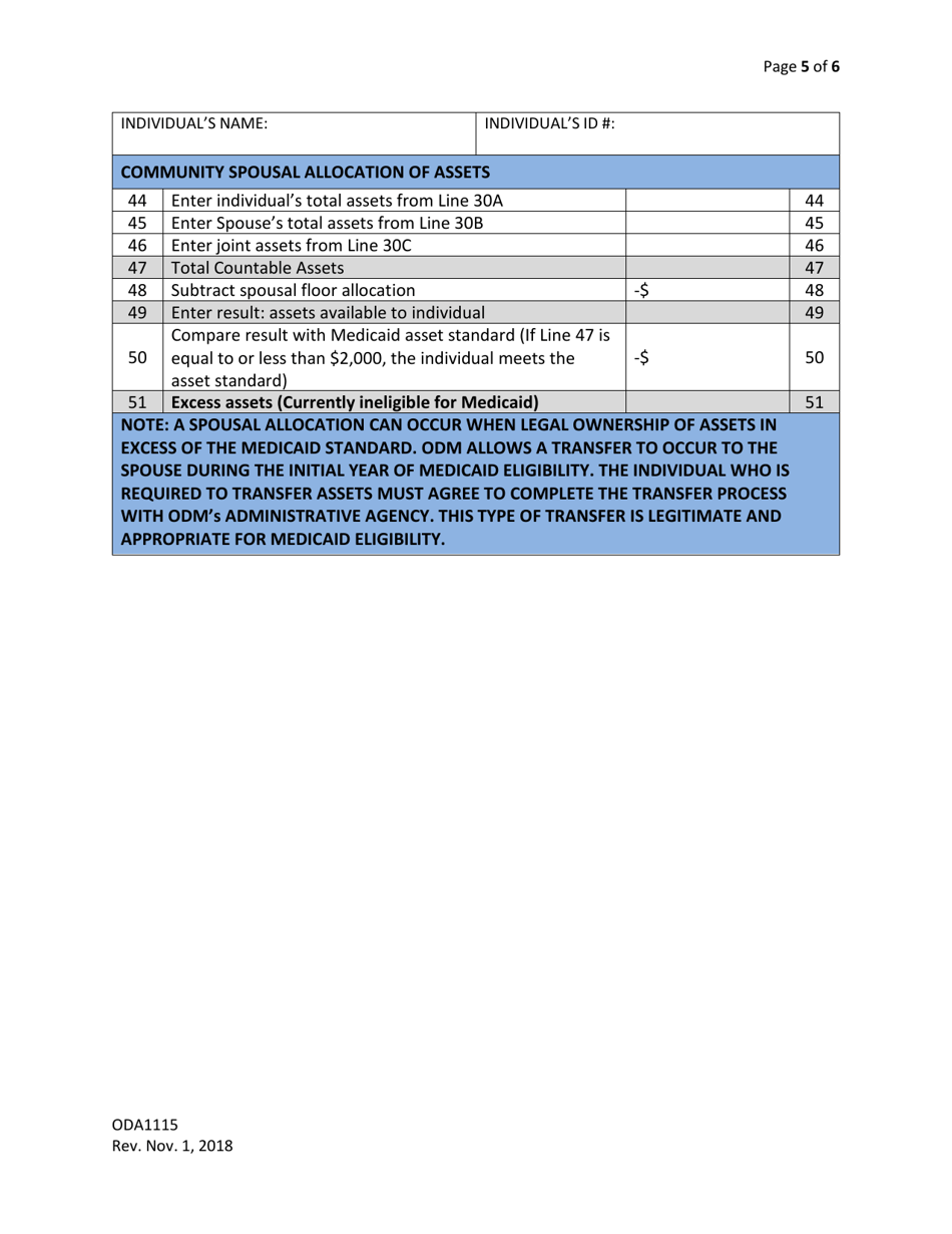 Form ODA1115 Financial Assessment Worksheet - Ohio, Page 5