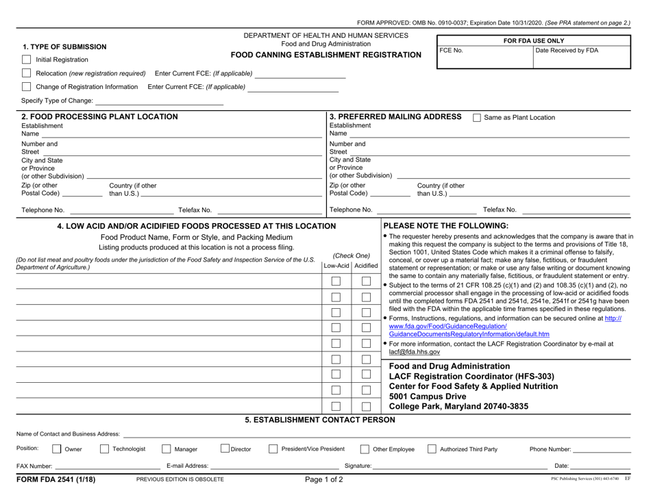 Form FDA2541 Food Canning Establishment Registration, Page 1