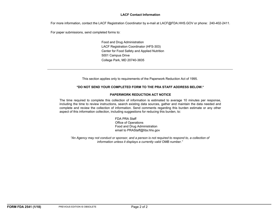 Form FDA2541 Food Canning Establishment Registration, Page 2