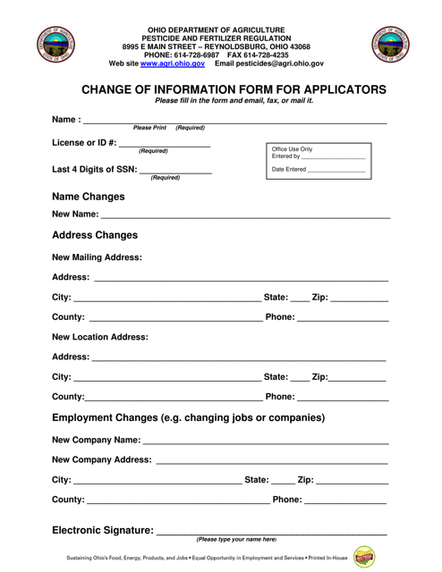 Change of Information Form for Applicators - Ohio