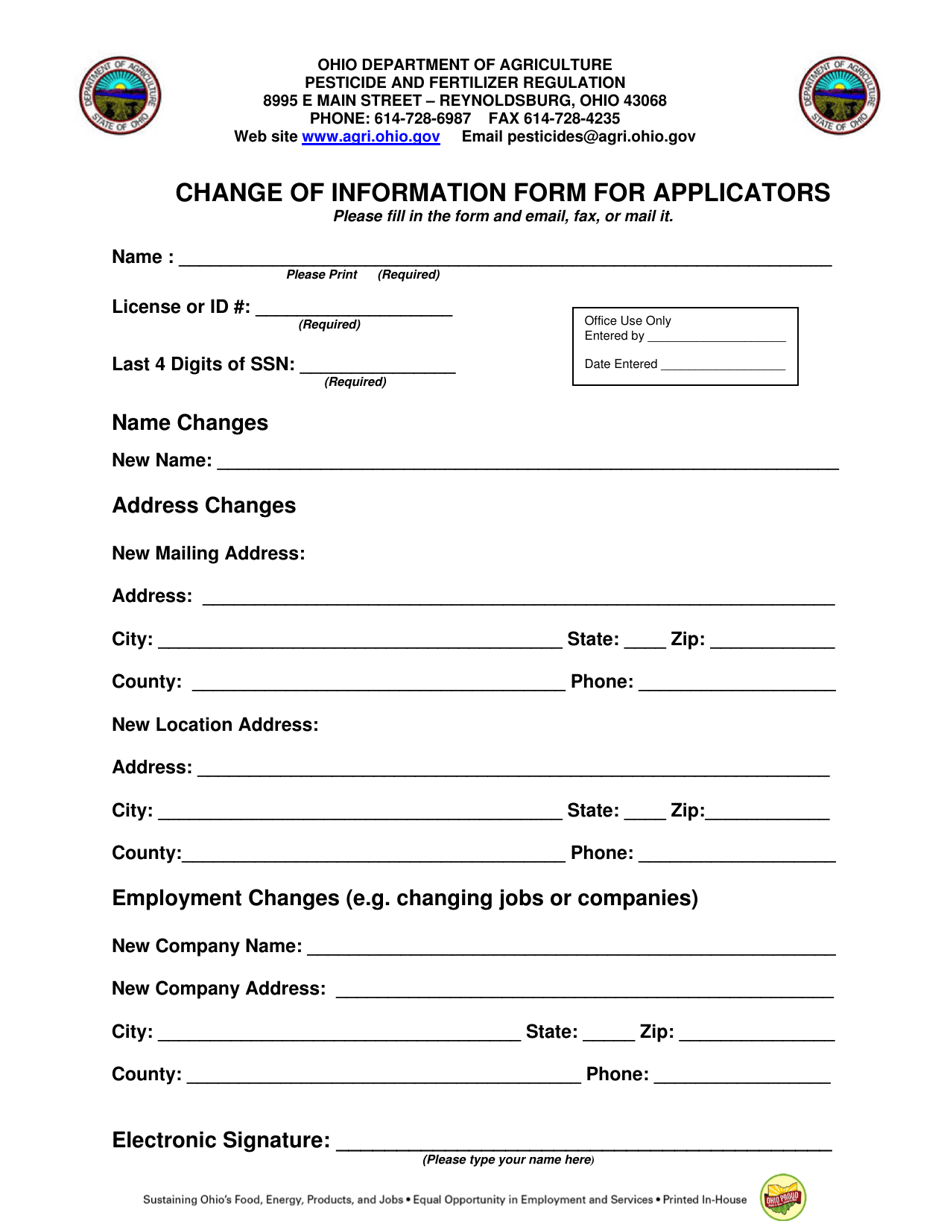 Ohio Change of Information Form for Applicators Fill Out, Sign Online