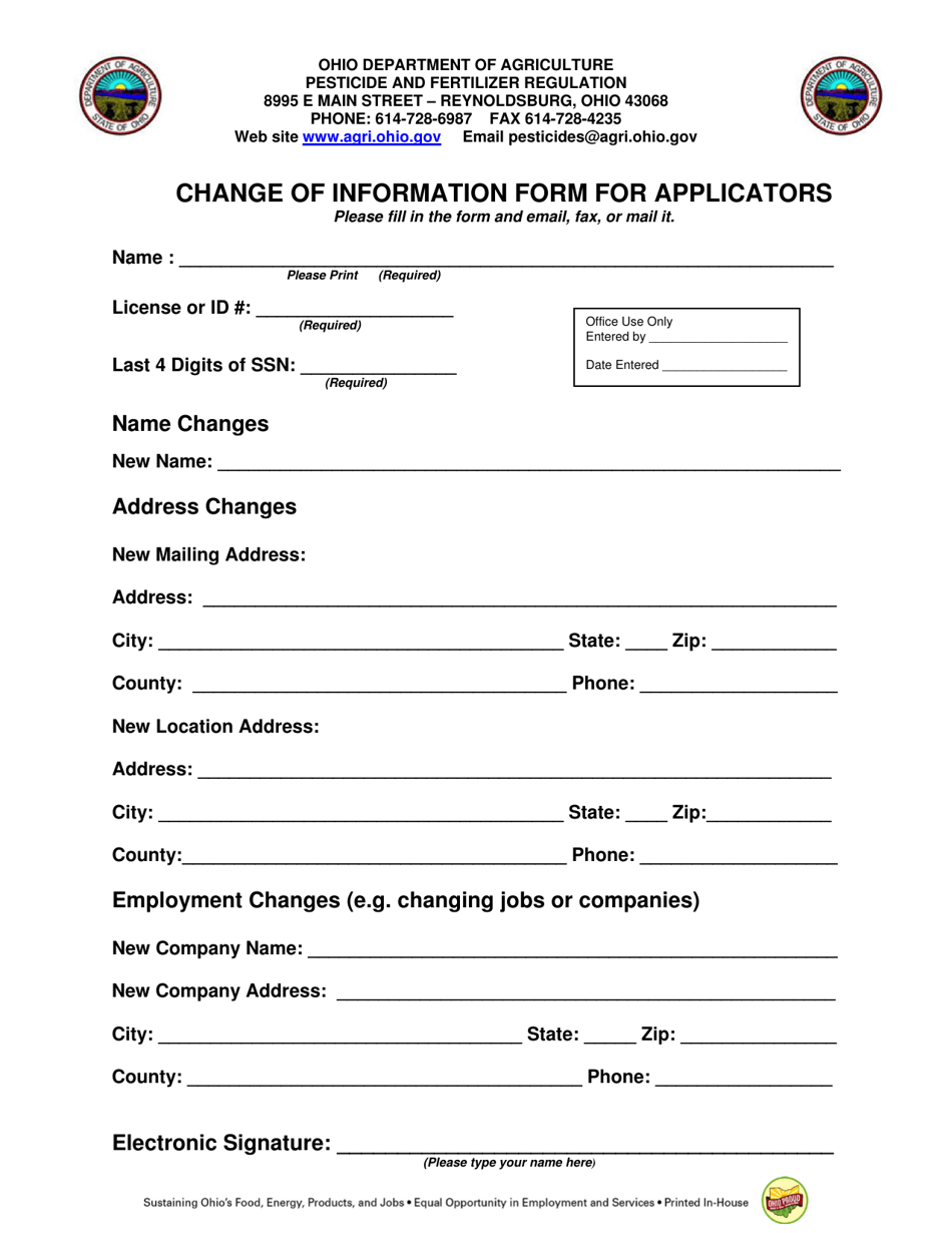Change of Information Form for Applicators - Ohio, Page 1