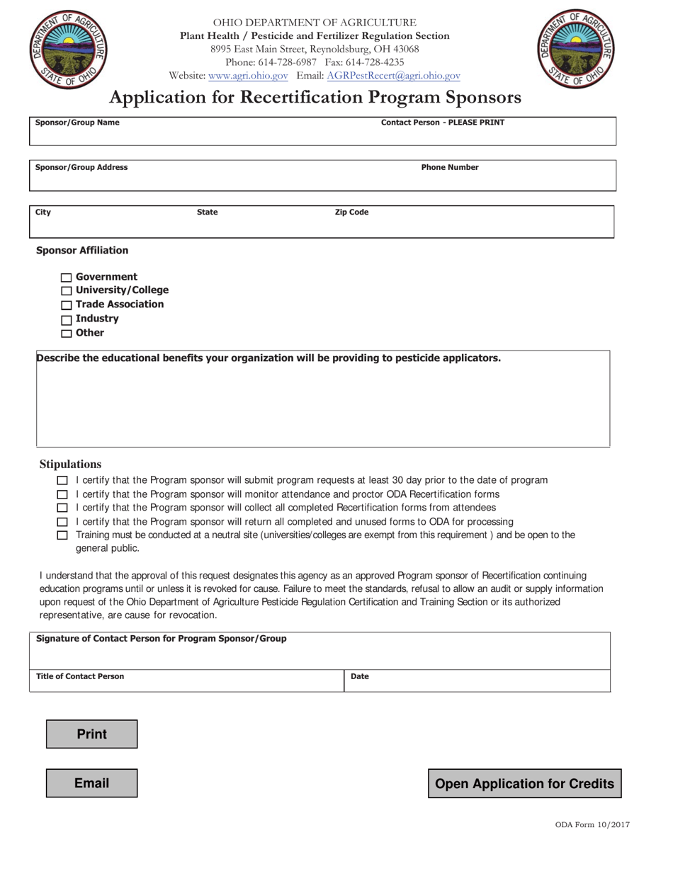 ODA Form 10 Application for Recertification Program Sponsors - Ohio, Page 1