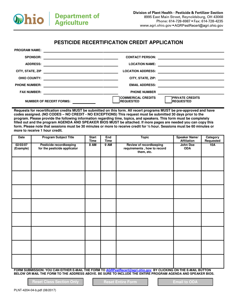 Form PLNT-4204-04-B Pesticide Recertification Credit Application - Ohio, Page 1