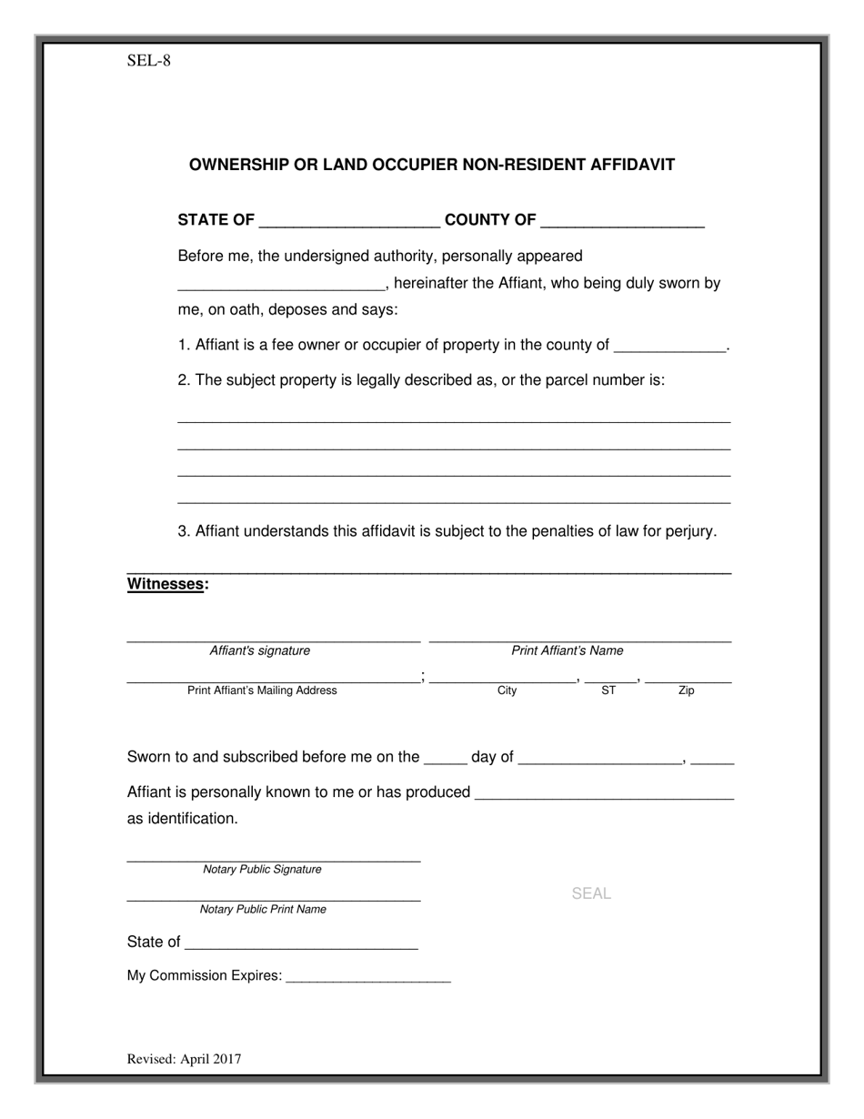 Form SEL-8 Ownership or Land Occupier Non-resident Affidavit - Ohio, Page 1