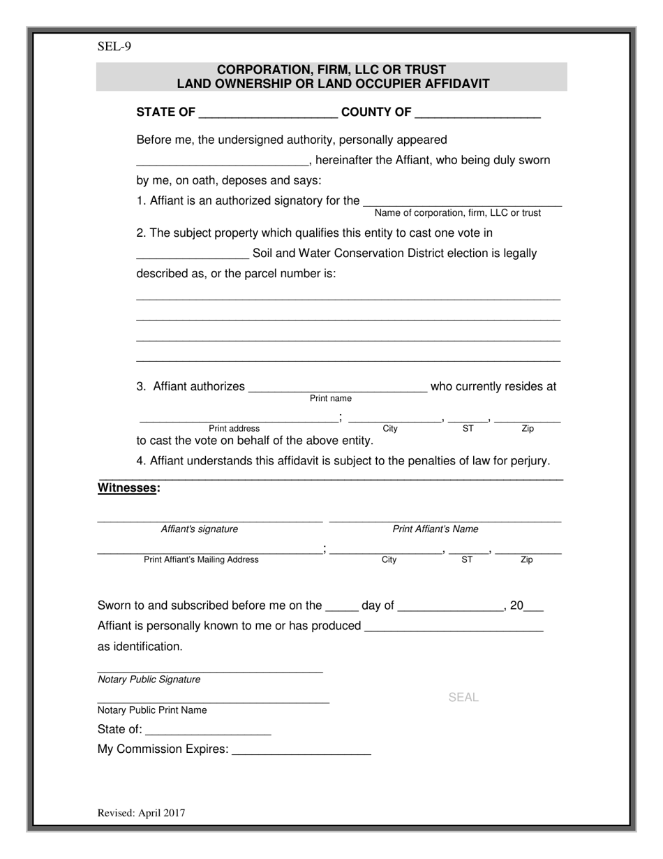 Form SEL-9 Corporation, Firm, LLC or Trust Land Ownership or Land Occupier Affidavit - Ohio, Page 1