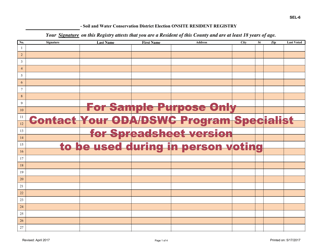 Document preview: Sample Form SEL-6 Soil and Water Conservation District Election Onsite Resident Registry - Ohio