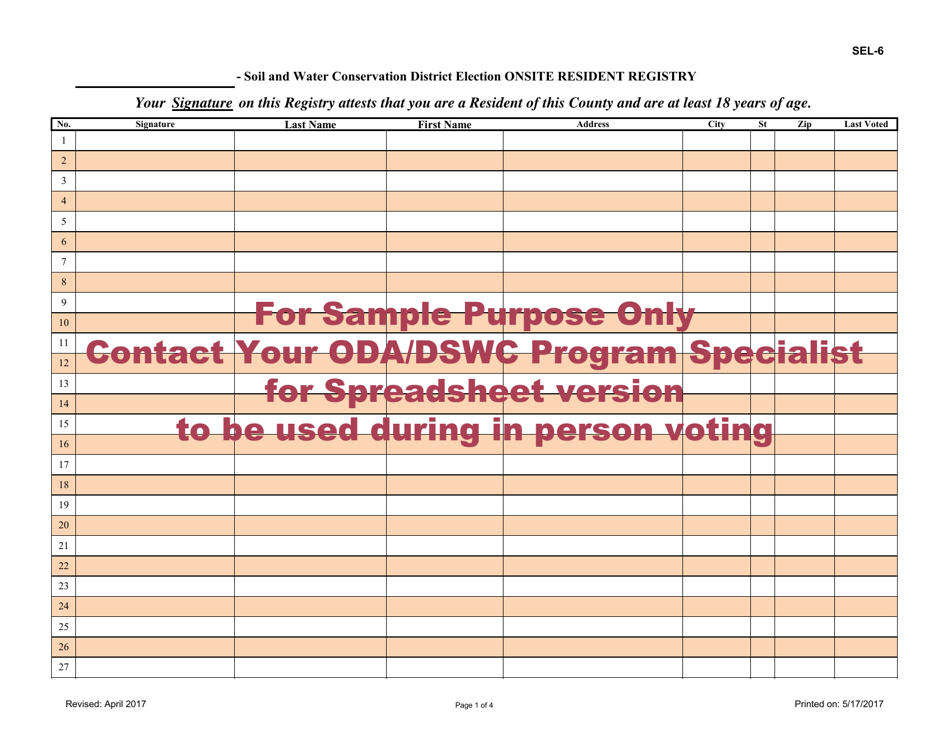 Sample Form SEL-6 Soil and Water Conservation District Election Onsite Resident Registry - Ohio, Page 1