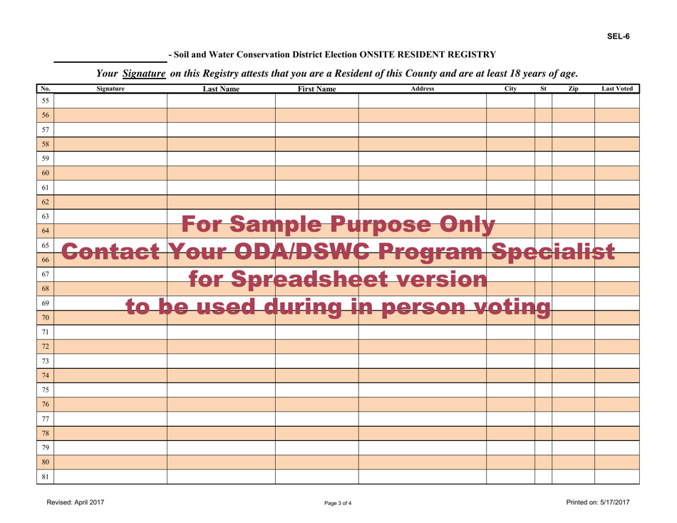 Sample Form SEL-6 Soil and Water Conservation District Election Onsite Resident Registry - Ohio, Page 3