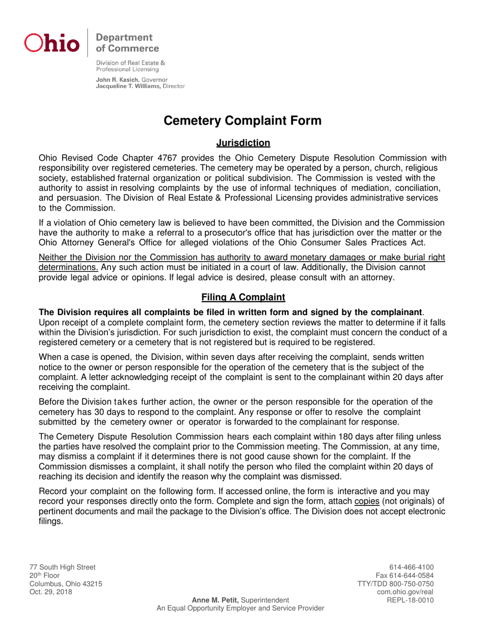 Form REPL-18-0010 Cemetery Complaint Form - Ohio, Page 1