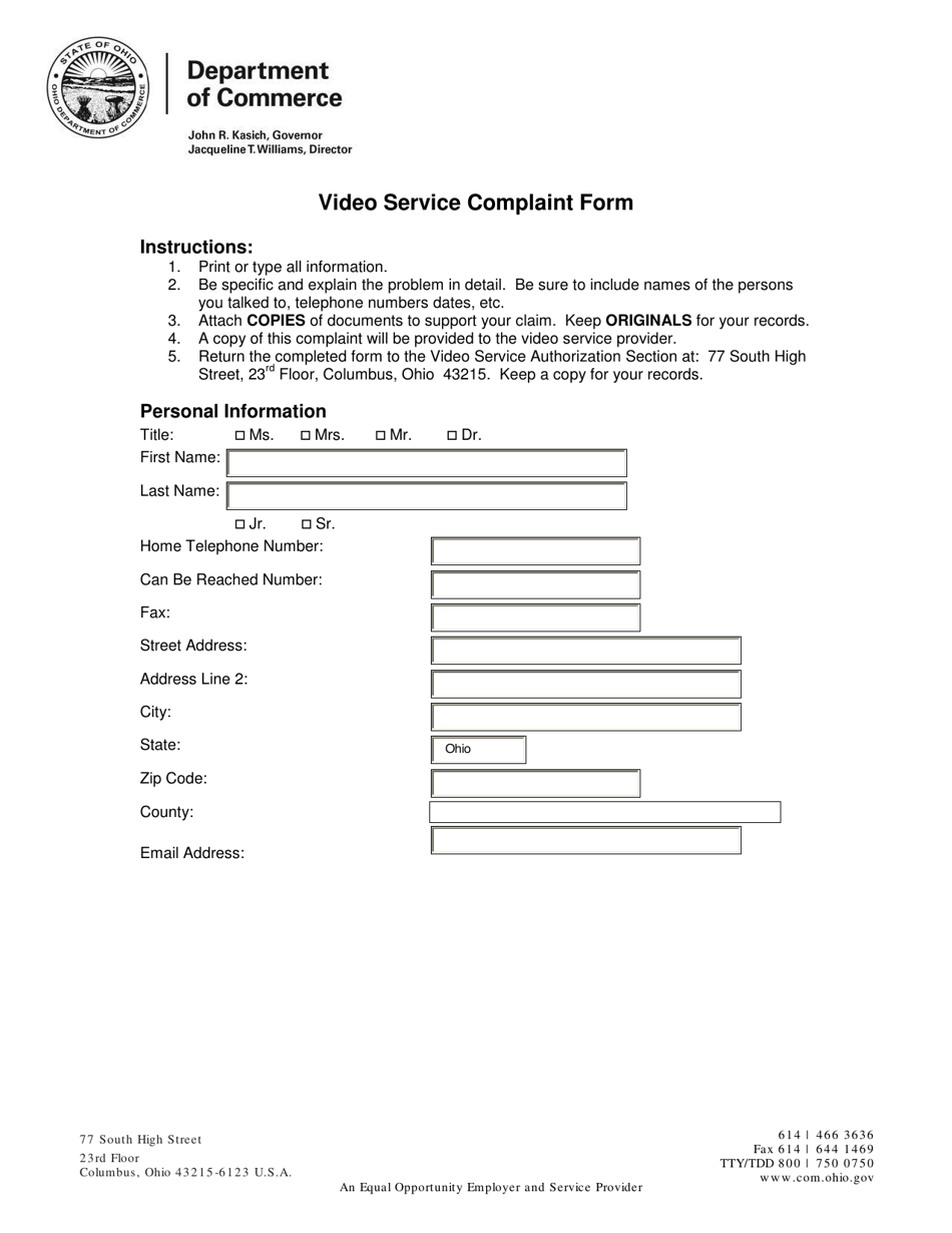 Video Service Complaint Form - Ohio, Page 1
