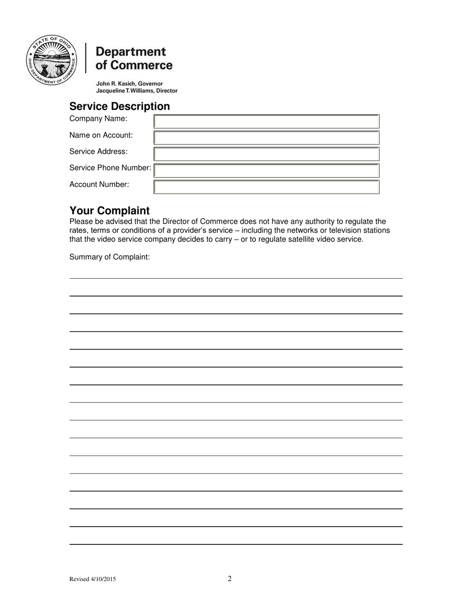 Video Service Complaint Form - Ohio, Page 2