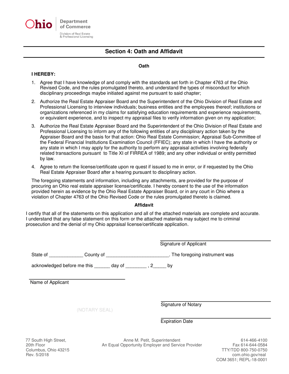 Form COM3651 (REPL-18-0001) Appraiser License / Certificate Application - Ohio, Page 12