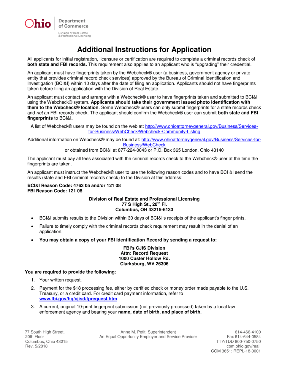 Form COM3651 (REPL-18-0001) Appraiser License/Certificate Application - Ohio, Page 1
