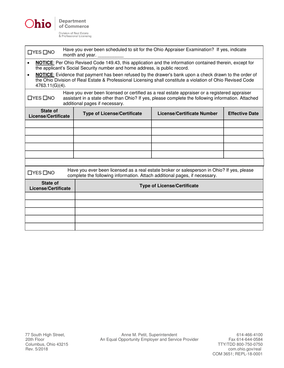 Form COM3651 (REPL-18-0001) Appraiser License / Certificate Application - Ohio, Page 4