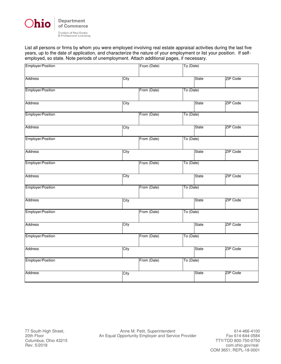 Form COM3651 (REPL-18-0001) Appraiser License / Certificate Application - Ohio, Page 5