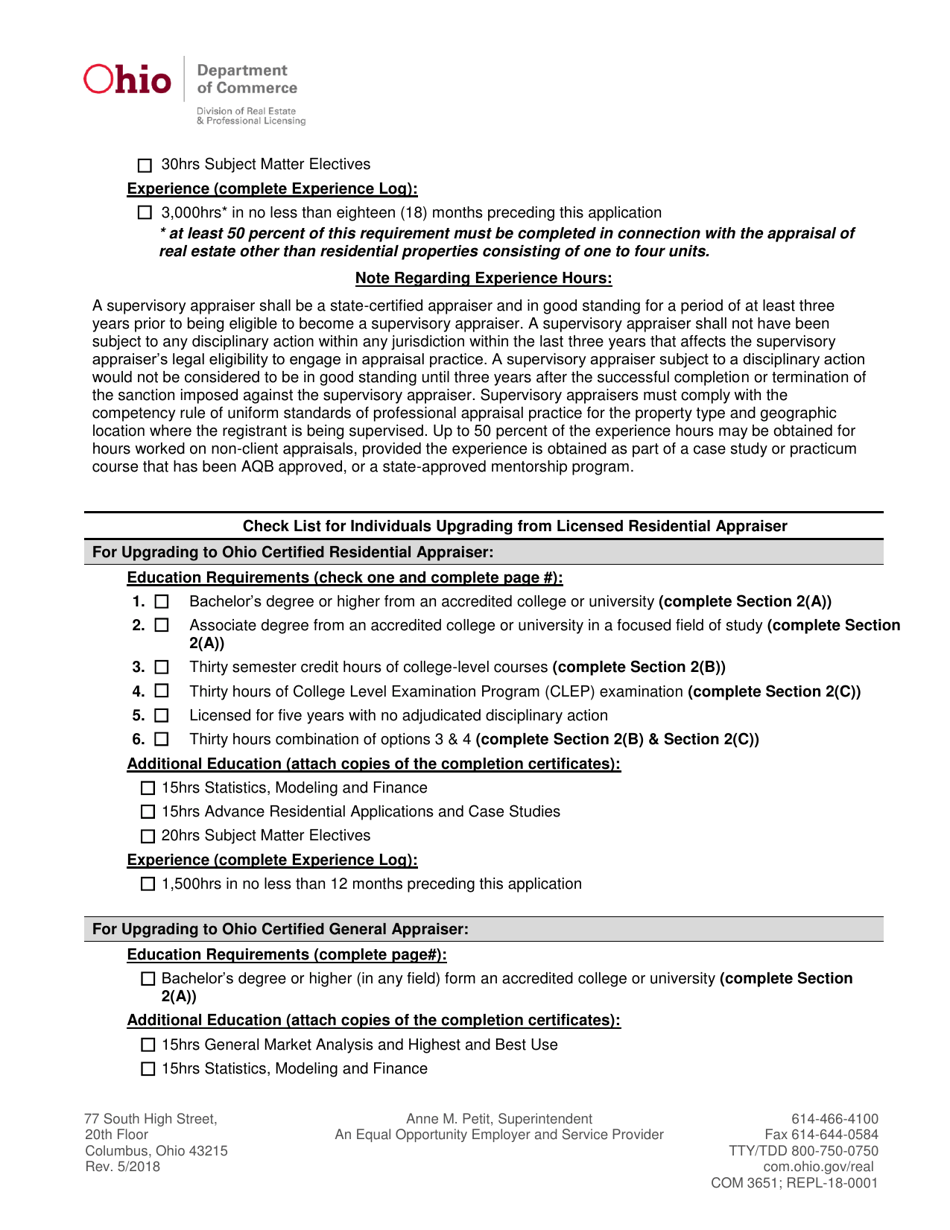 Form COM3651 (REPL-18-0001) Appraiser License / Certificate Application - Ohio, Page 7