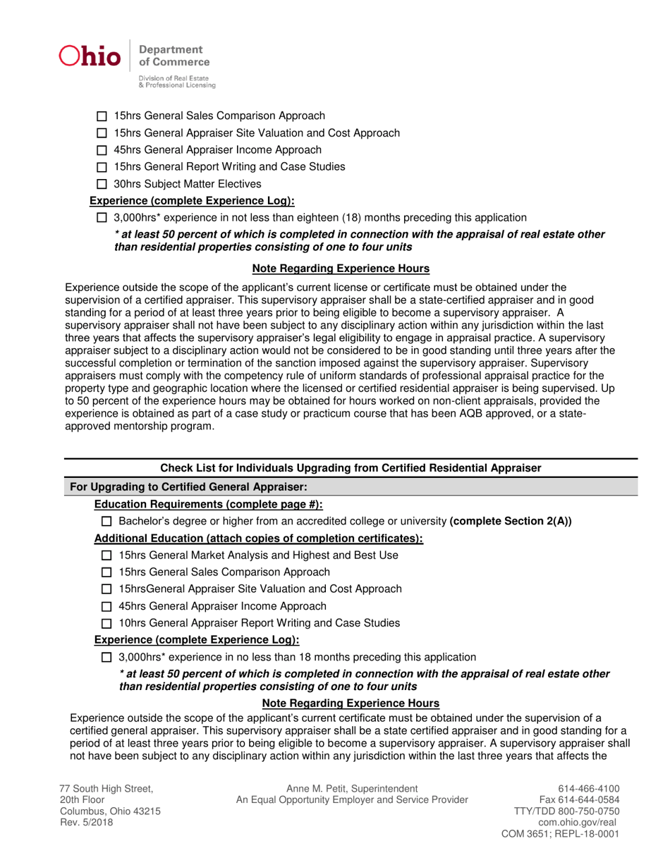 Form COM3651 (REPL-18-0001) Appraiser License / Certificate Application - Ohio, Page 8