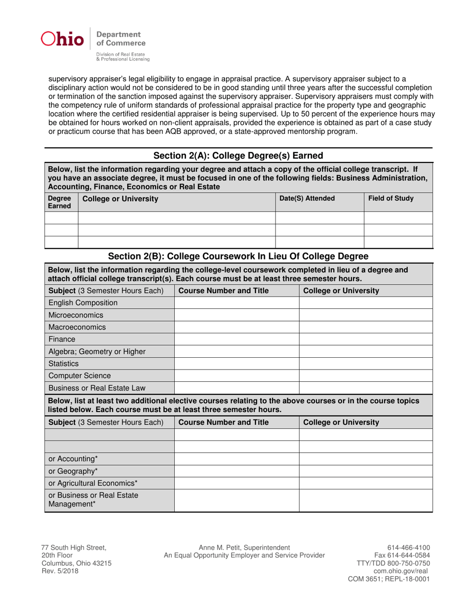 Form COM3651 (REPL-18-0001) Appraiser License / Certificate Application - Ohio, Page 9