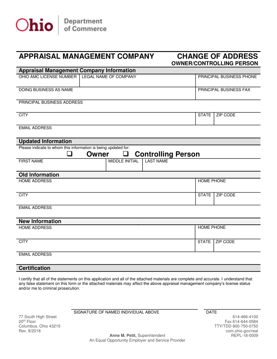 Form REPL-18-0009 Appraisal Management Company Change of Address for Owner / Controlling Person - Ohio, Page 1