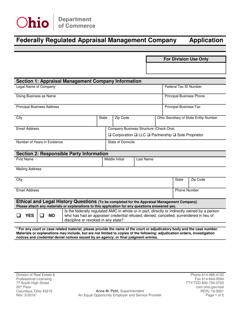 Form REPL-19-0001 Federally Regulated Appraisal Management Company Application - Ohio, Page 1