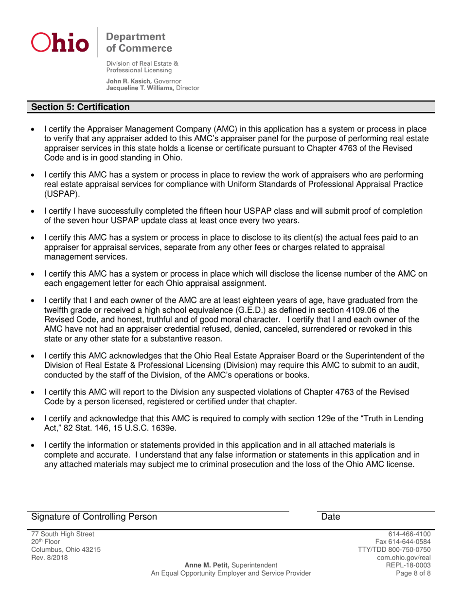 Form REPL-18-0003 Appraisal Management Company Application - Ohio, Page 10