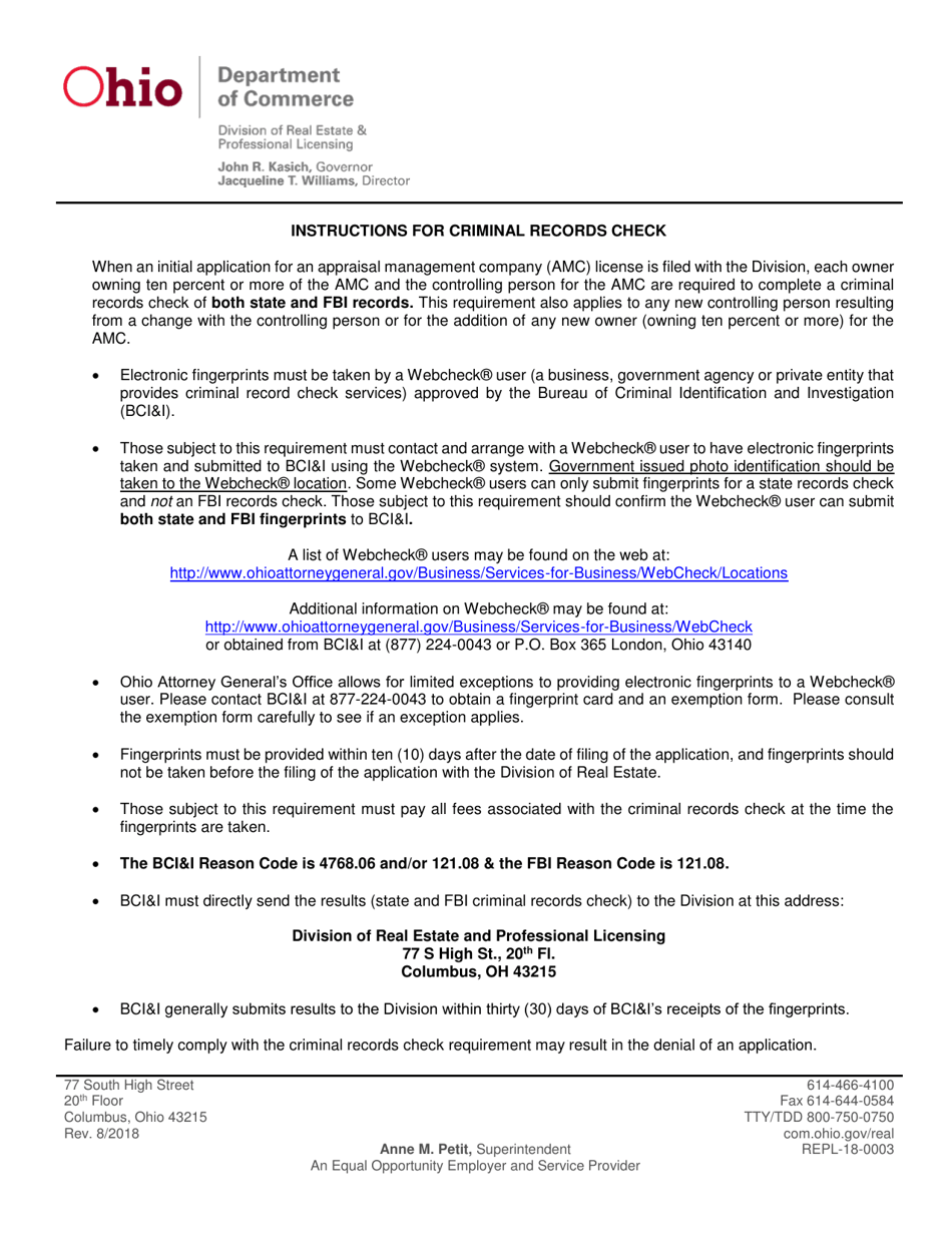 Form REPL-18-0003 Appraisal Management Company Application - Ohio, Page 1