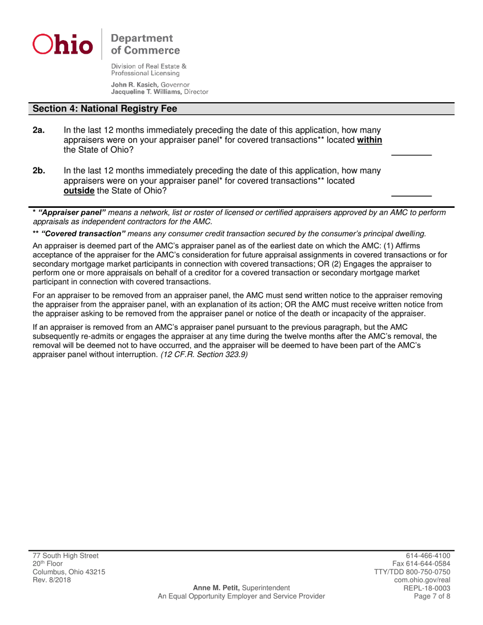 Form REPL-18-0003 Appraisal Management Company Application - Ohio, Page 9