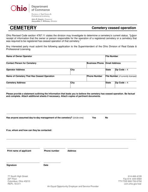 Form REPL-18-011 Cemetery Ceased Operation - Ohio