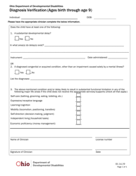 Document preview: Diagnosis Verification (Ages Birth Through Age 9) Form - Ohio