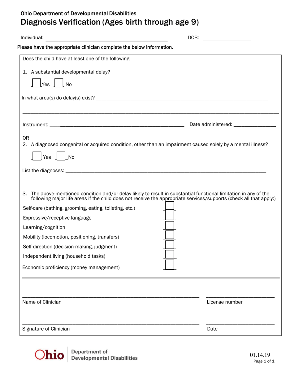 Diagnosis Verification (Ages Birth Through Age 9) Form - Ohio, Page 1