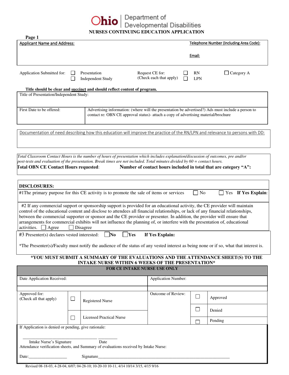 Nurses Continuing Education Application Form - Ohio, Page 1