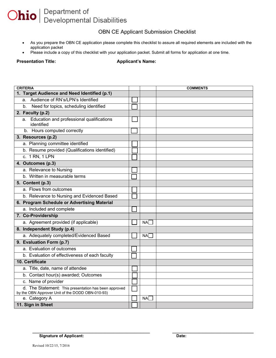 Obn Ce Applicant Submission Checklist - Ohio, Page 1