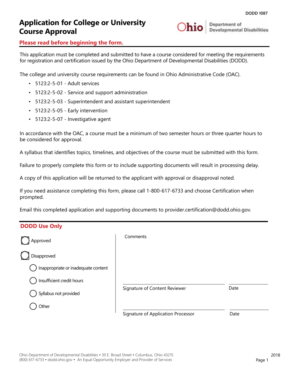 Form DODD1087 Application for College or University Course Approval - Ohio, Page 1