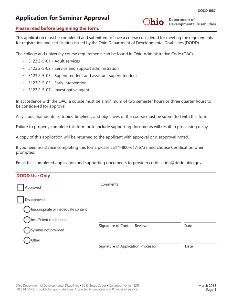 Form DODD1087 Application for Seminar Approval - Ohio, Page 1