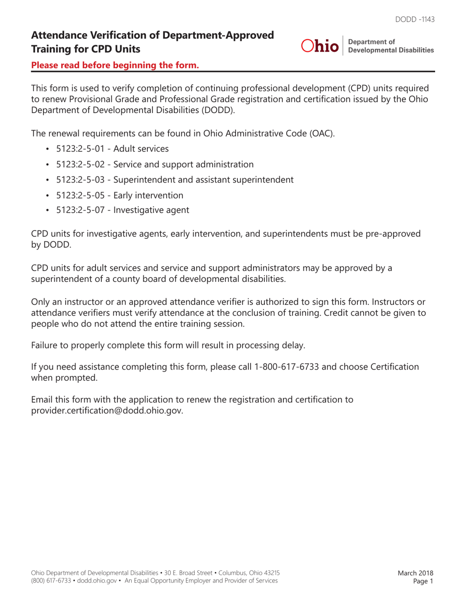 Form DODD -1143 Attendance Verification of Department-Approved Training for Cpd Units - Ohio, Page 1