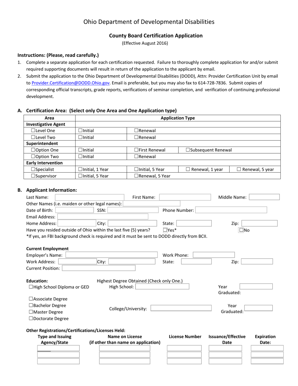 County Board Certification Application Form - Ohio, Page 1