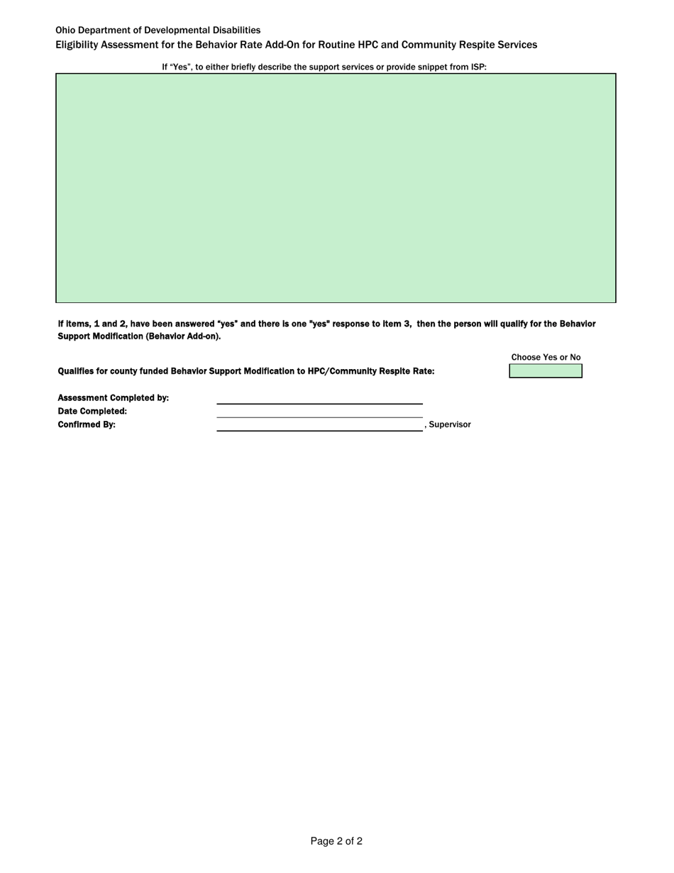Eligibility Assessment for the Behavior Rate Add-On for Routine Hpc and Community Respite Services - Ohio, Page 2
