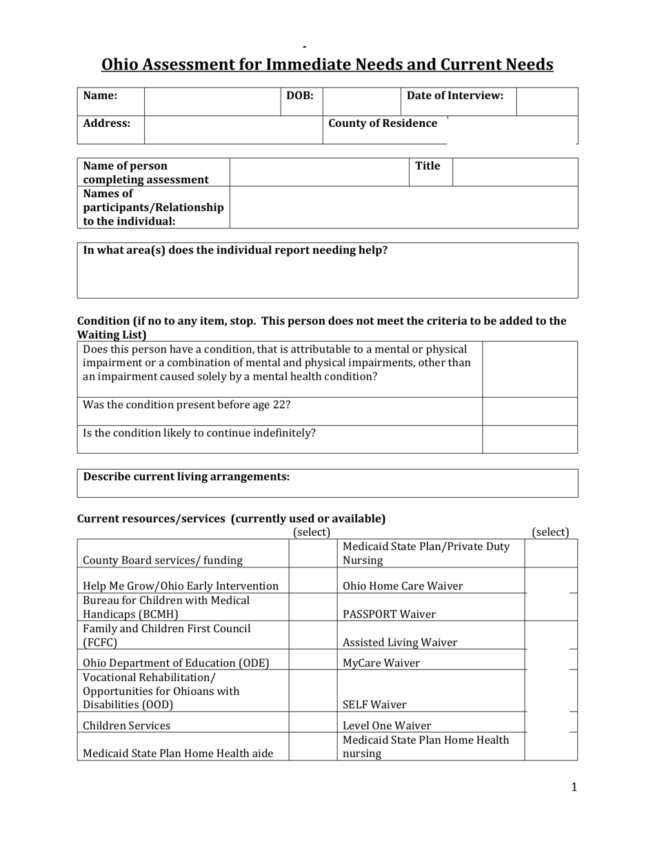 Ohio Ohio Assessment for Immediate Needs and Current Needs - Fill Out ...