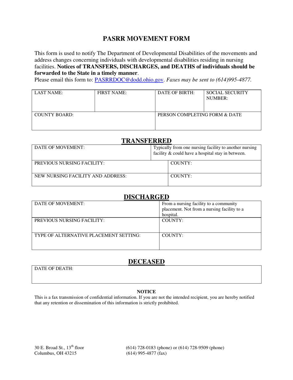 Pasrr Movement Form - Ohio, Page 1