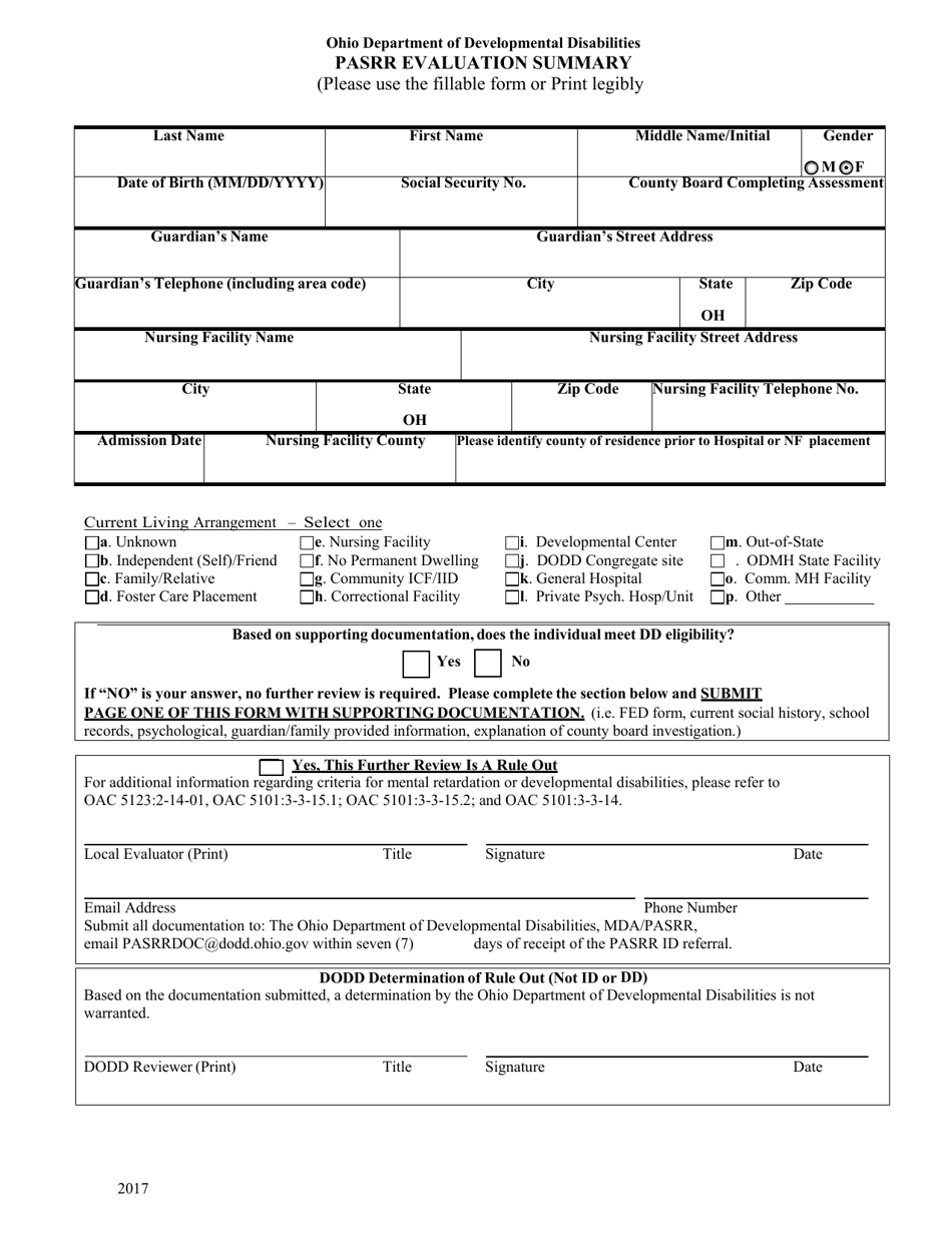 Pasrr Evaluation Summary Form - Ohio, Page 1