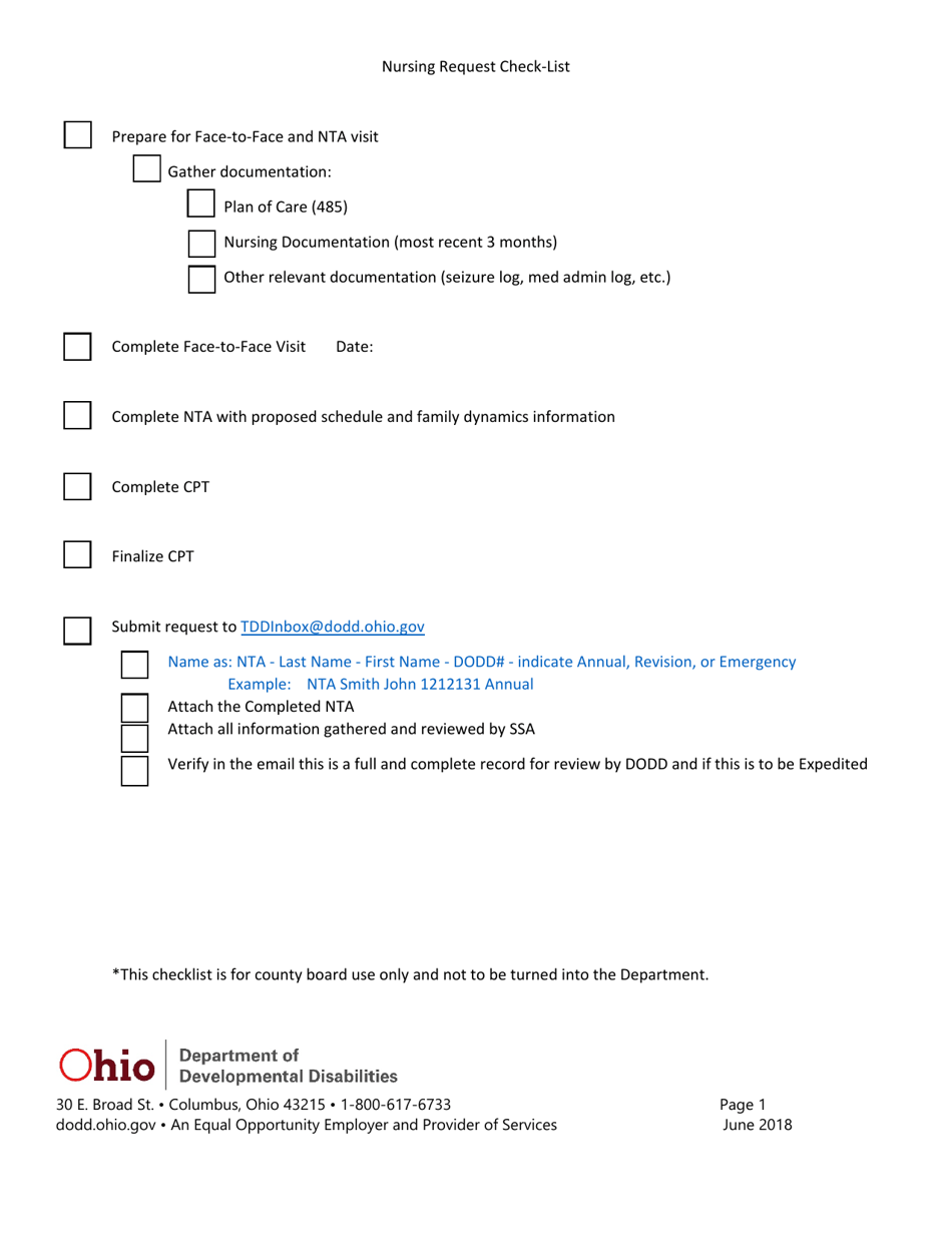 Nursing Request Check-list - Ohio, Page 1