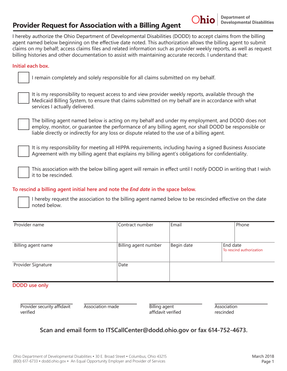 Provider Request for Association With a Billing Agent - Ohio, Page 1