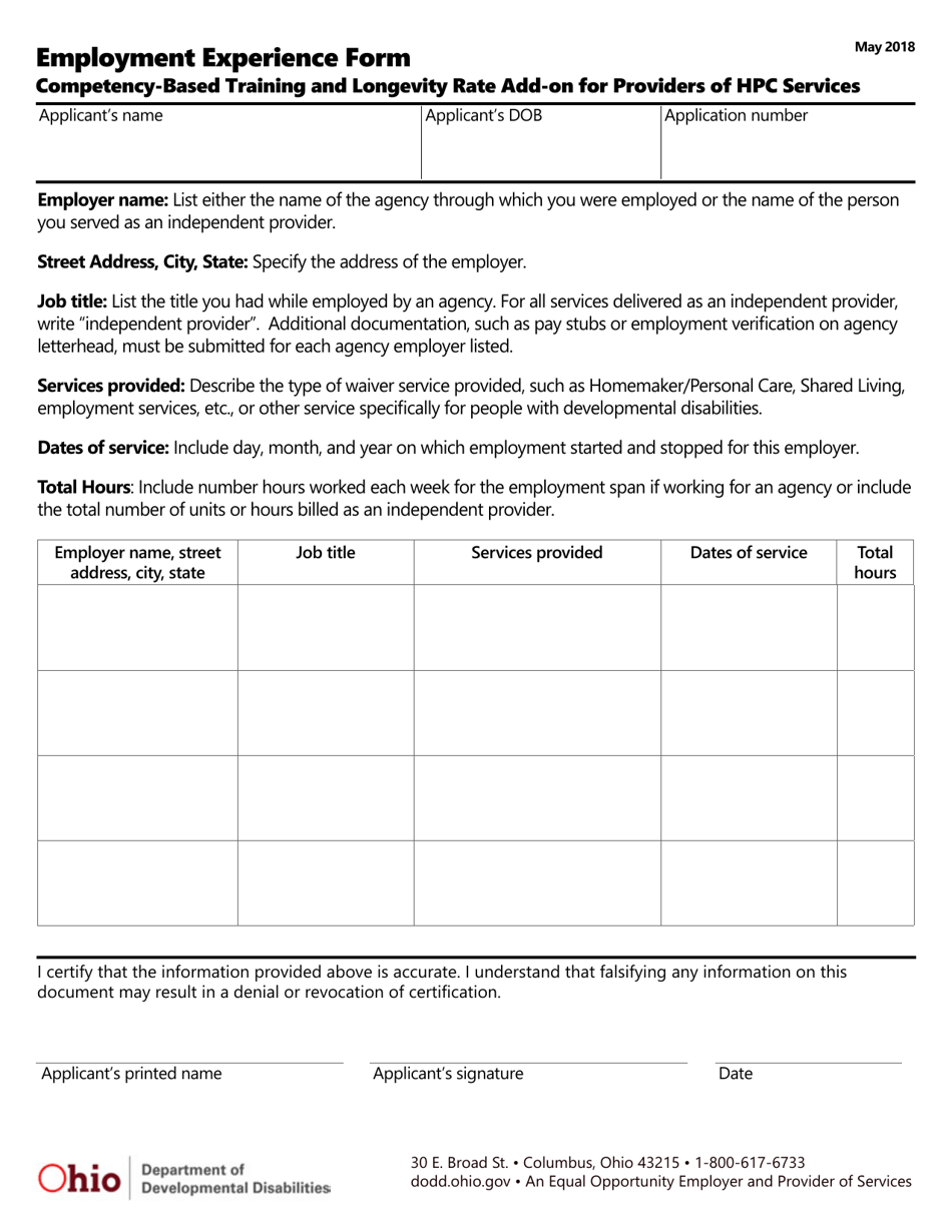 Employment Experience Form - Competency-Based Training and Longevity Rate Add-On for Providers of Hpc Services - Ohio, Page 1