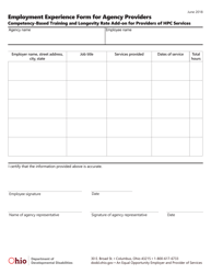 Employment Experience Form for Agency Providers - Ohio