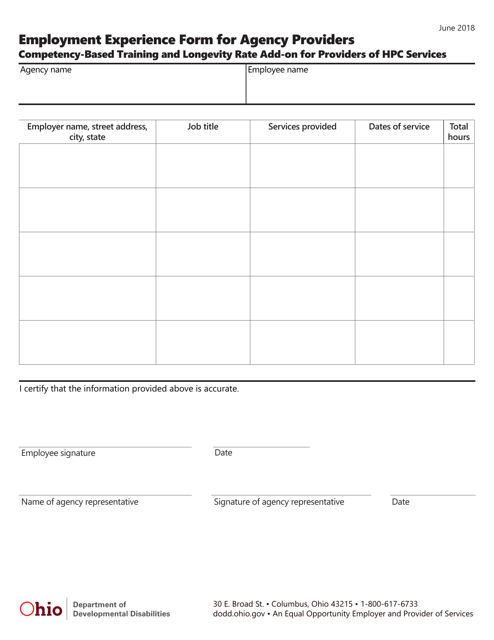 Employment Experience Form for Agency Providers - Ohio Download Pdf
