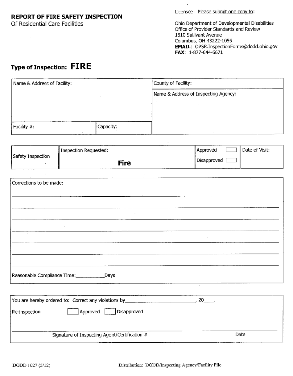 Form DODD1027 Report of Fire Safety Inspection of Residential Care Facilities - Ohio, Page 1