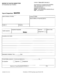 Document preview: Form DODD1027 Report of Water Inspection of Residential Care Facilities - Ohio